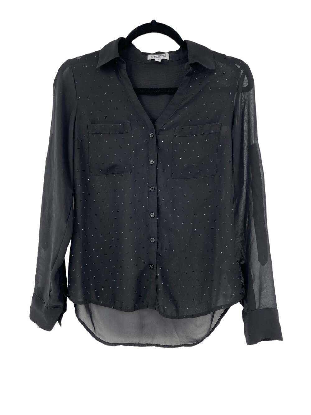 Express Portofino Shirt Womens XS Long Sleeve Black Dotted Sheer High Low Blouse